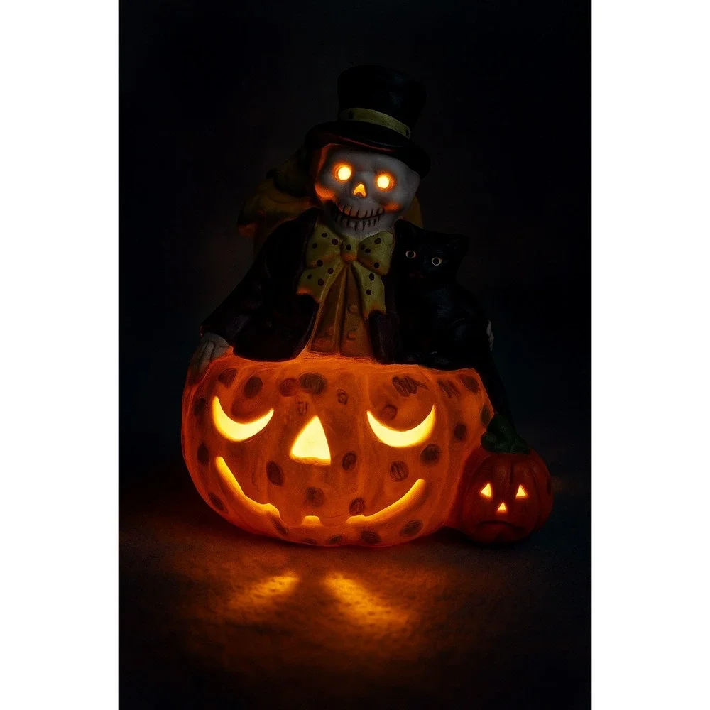 Vintage Prisco Halloween Scarecrow Cat Pumpkin Ceramic‎ Light Up Decoration